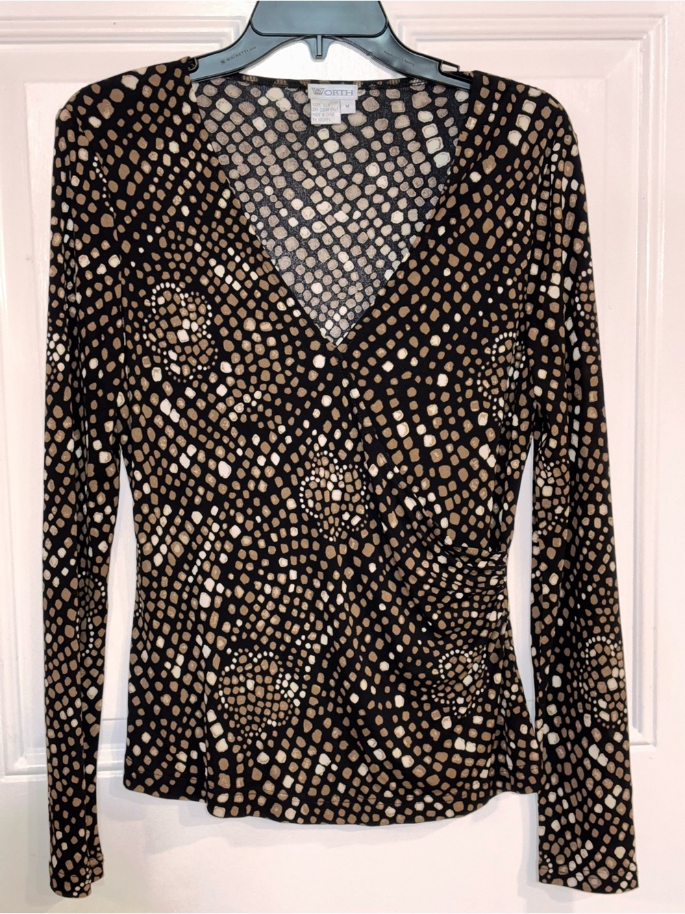 Worth Long-Sleeve V-Neck Wrap Top in Black and Tan Dot Print